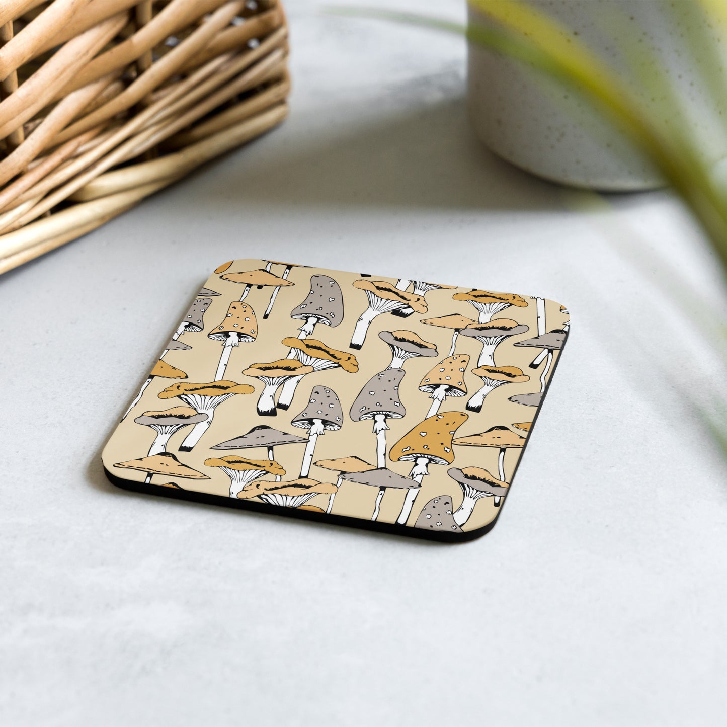 Goblincore mushroom cork-back coaster