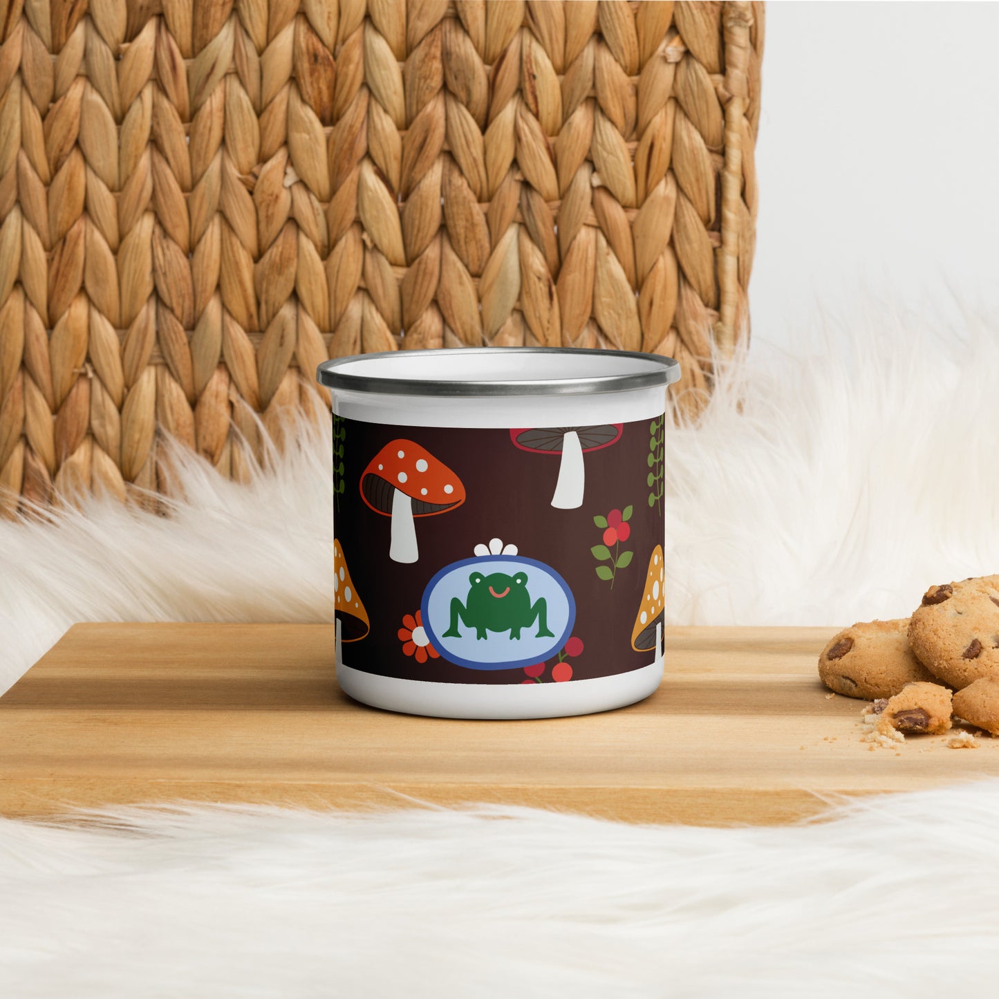 Mushroom and frog enamel mug