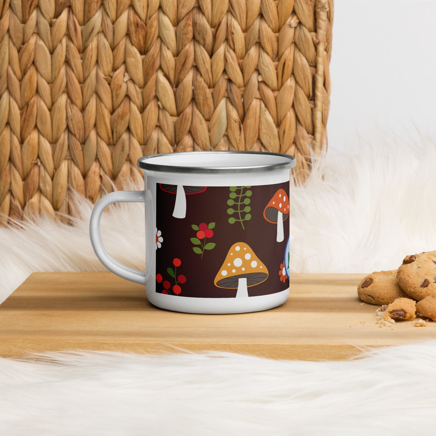 Mushroom and frog enamel mug