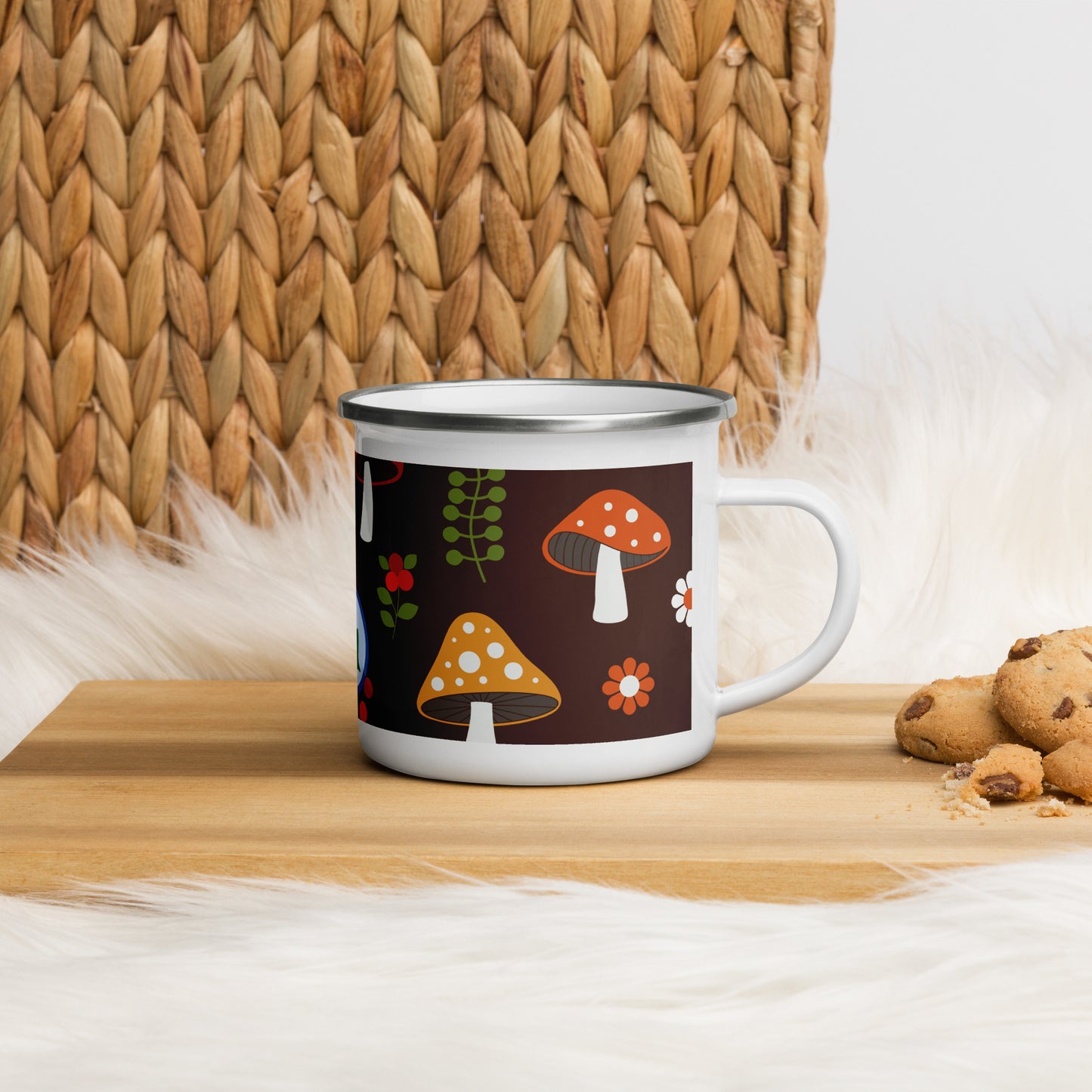 Mushroom and frog enamel mug